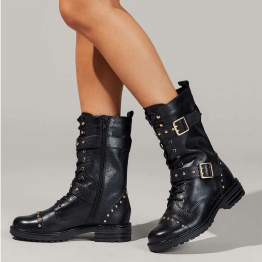 Seven7 Studded Buckle Strap Combat Boots Vegan Leather High Boots Lugged-Sole 8